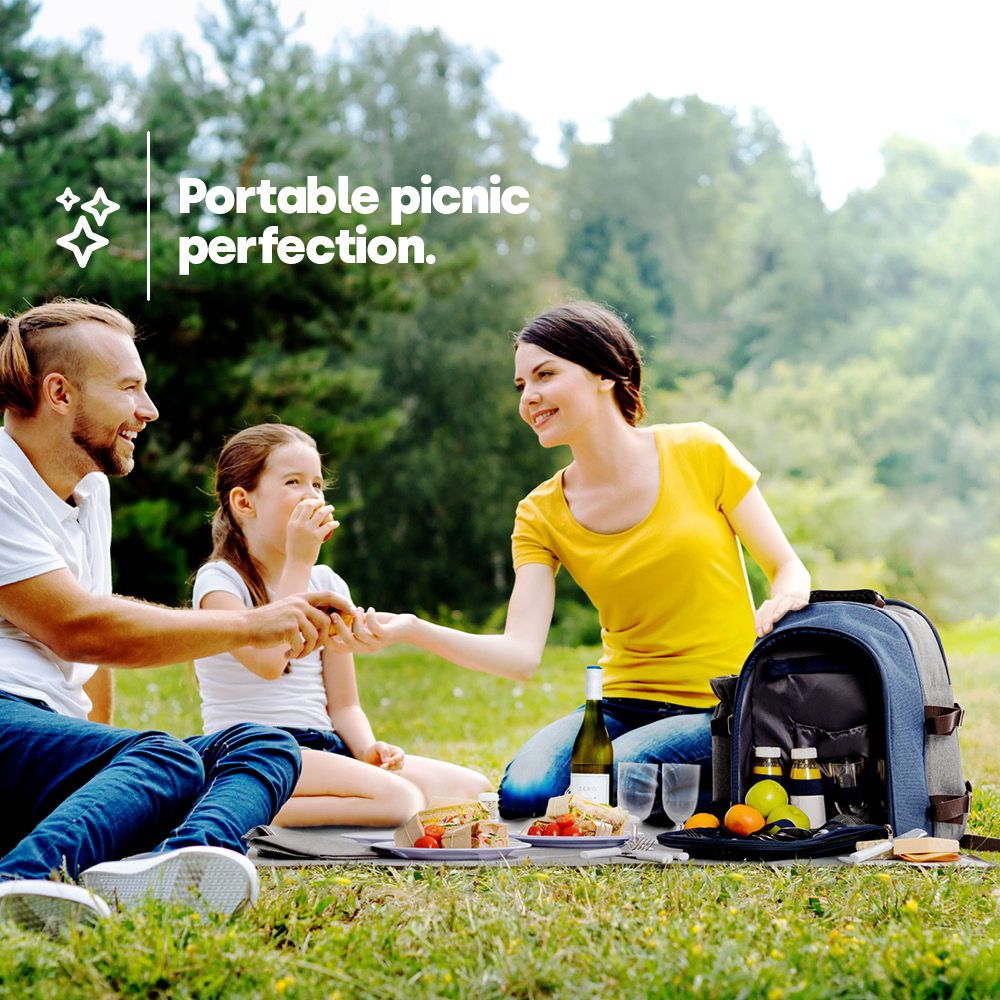 LIVIVO 4 Person Picnic Backpack Set with Blanket Cutlery Plates Wine Glasses and Insulated Bottle Holder