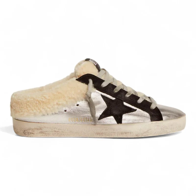 The Super-Star Sabot in silver laminated leather with a black star