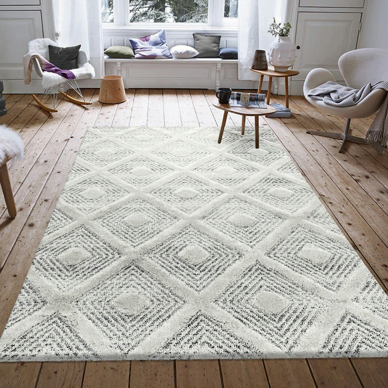 BOHEME - Tapis bohème à relief blanc ivoire 200x290cm