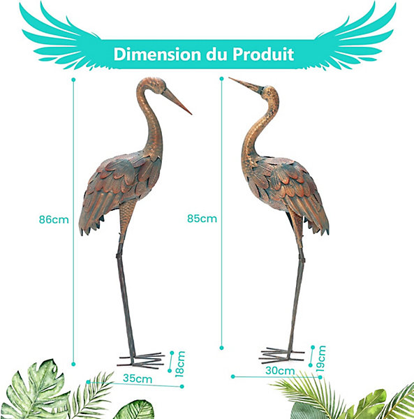 Lot de 2 Statues de Grue de Jardin en Métal Décoration Extérieure Sculpture Oiseau Bronze en Métal de Jardin