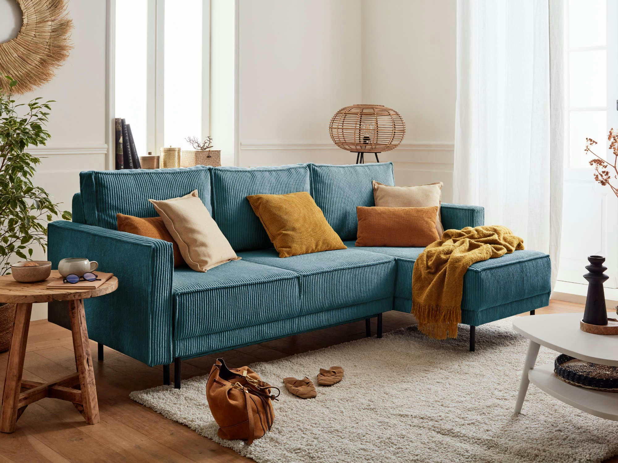 CHARLIE - Canapé d'angle réversible convertible 4 places en velours côtelé bleu