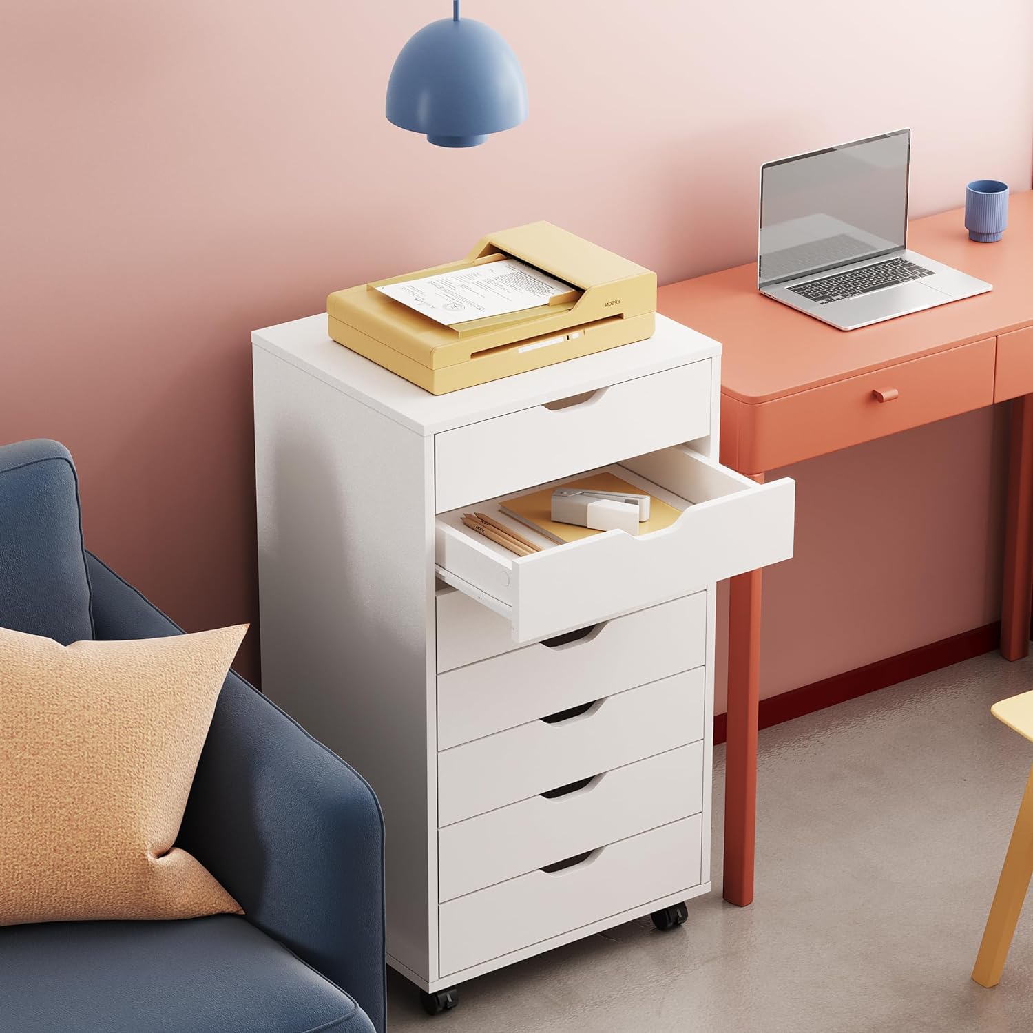 DEVAISE 7-Drawer Office Cabinets, Wood Storage Drawer File Cabinet with Wheels, White