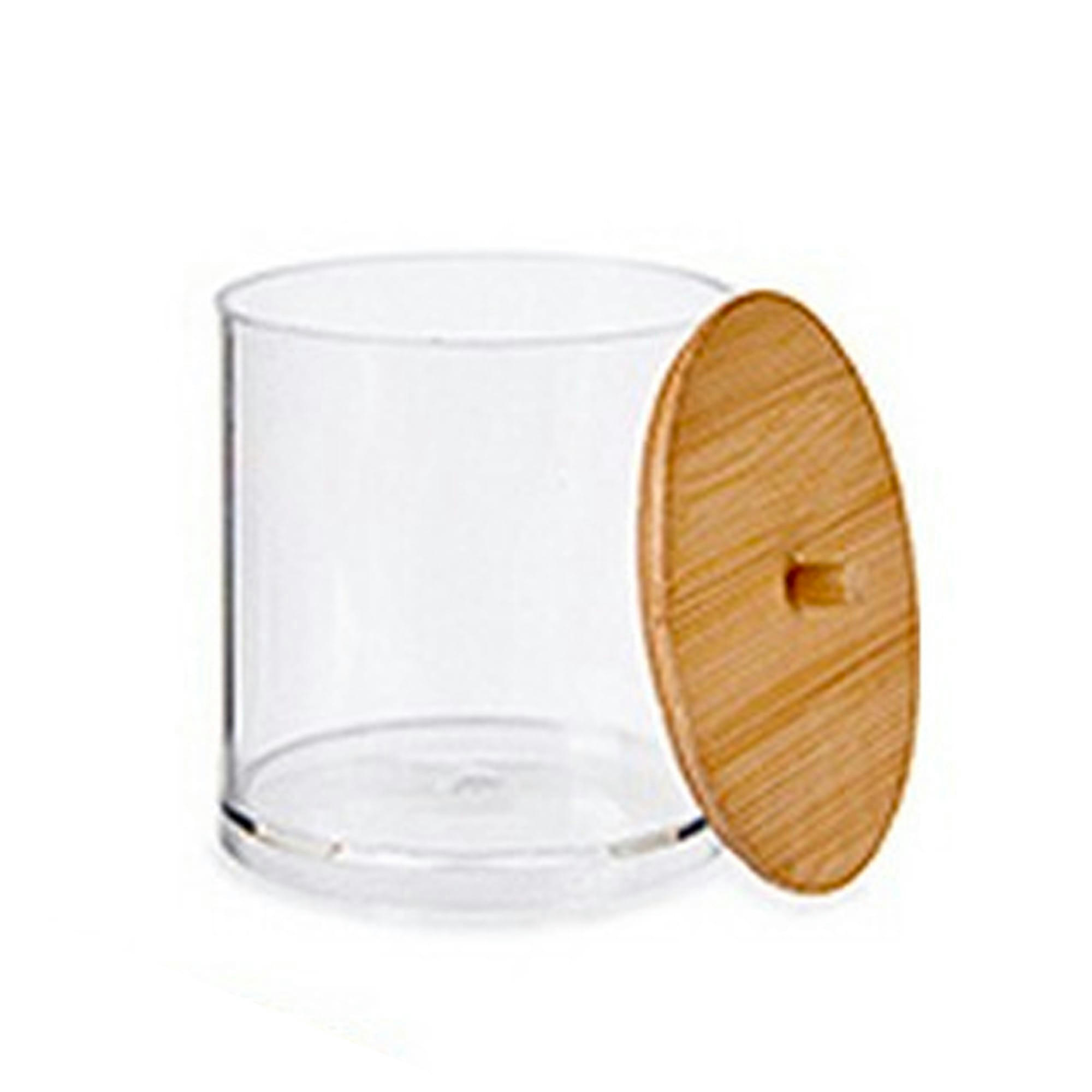 - Boîte à coton-tiges ronde transparent et bambou 10x10x11cm