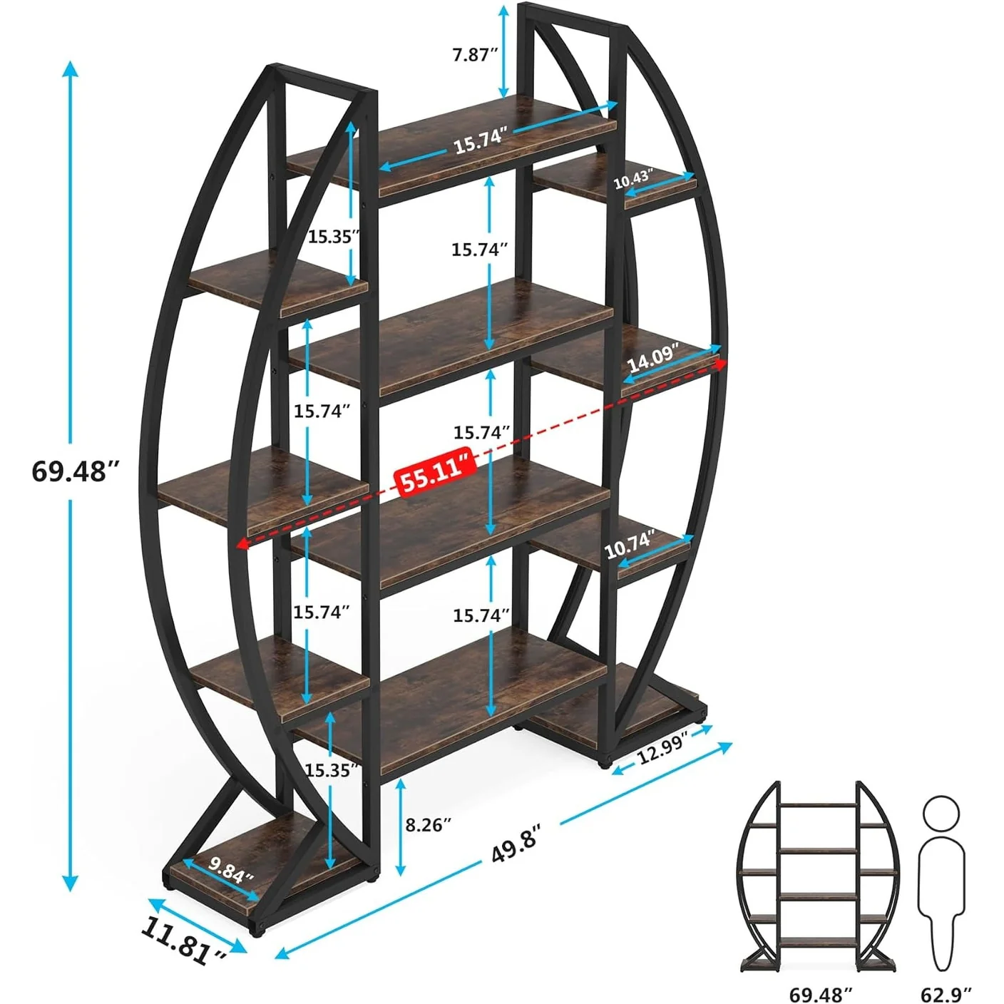 Industrial Bookshelf, Oval Triple Wide 5 Tiers Etagere Bookcase - 11.81D x 55.11W x 69.68H