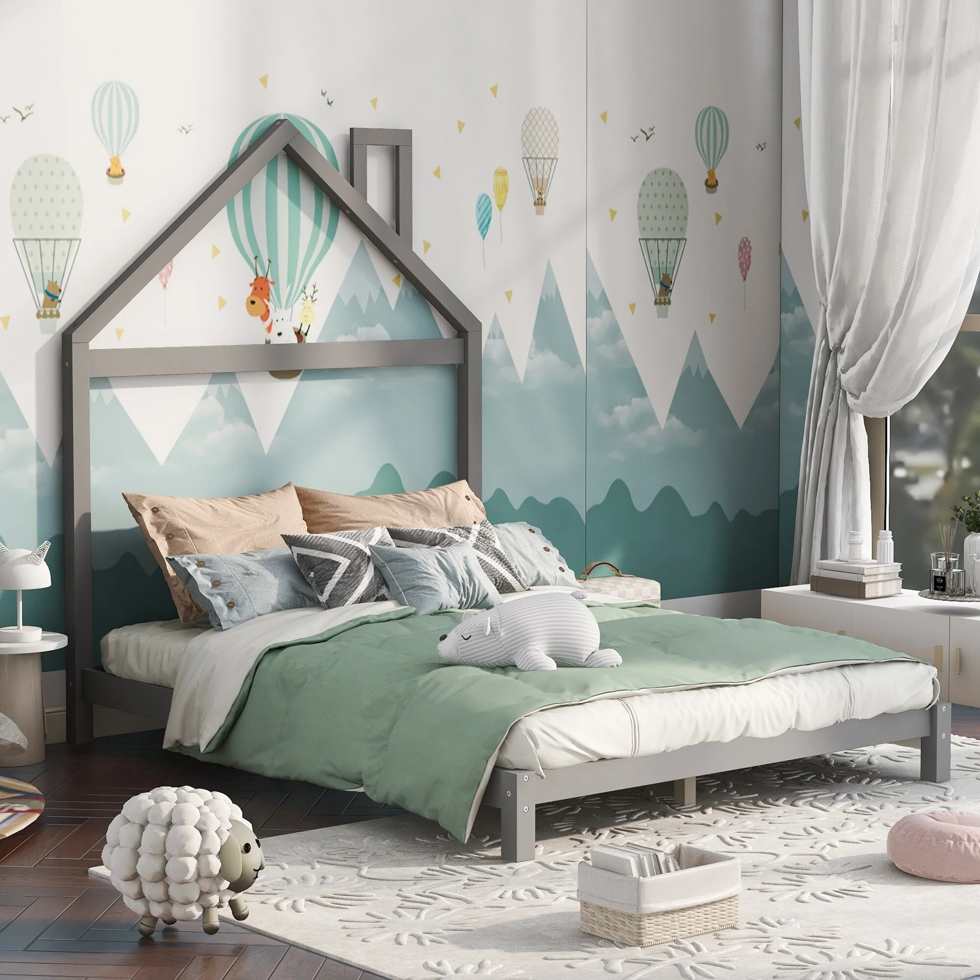 Wood Bed with House Headboard for Kids