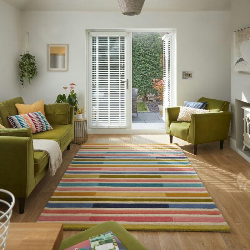 PIANO - Tapis de salon géométrique pure laine rose multicolore 120 x 170
