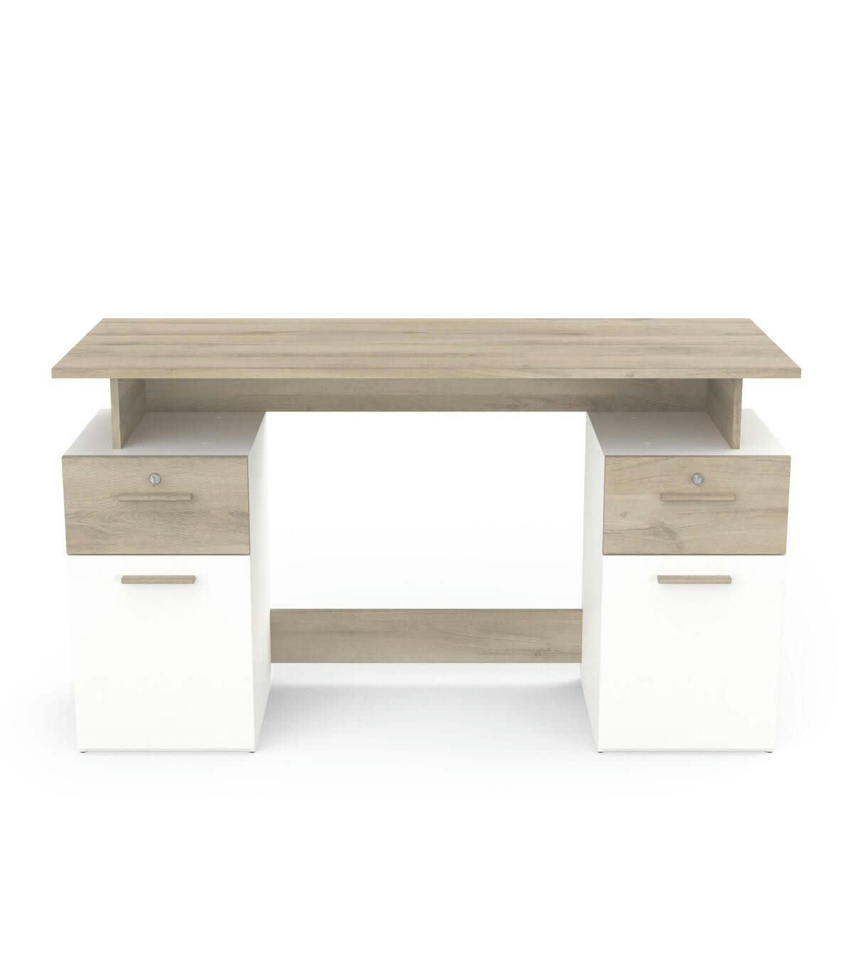 PLATON - Bureau Double Caisson L134,8 cm - Décor Bois Clair et Blanc