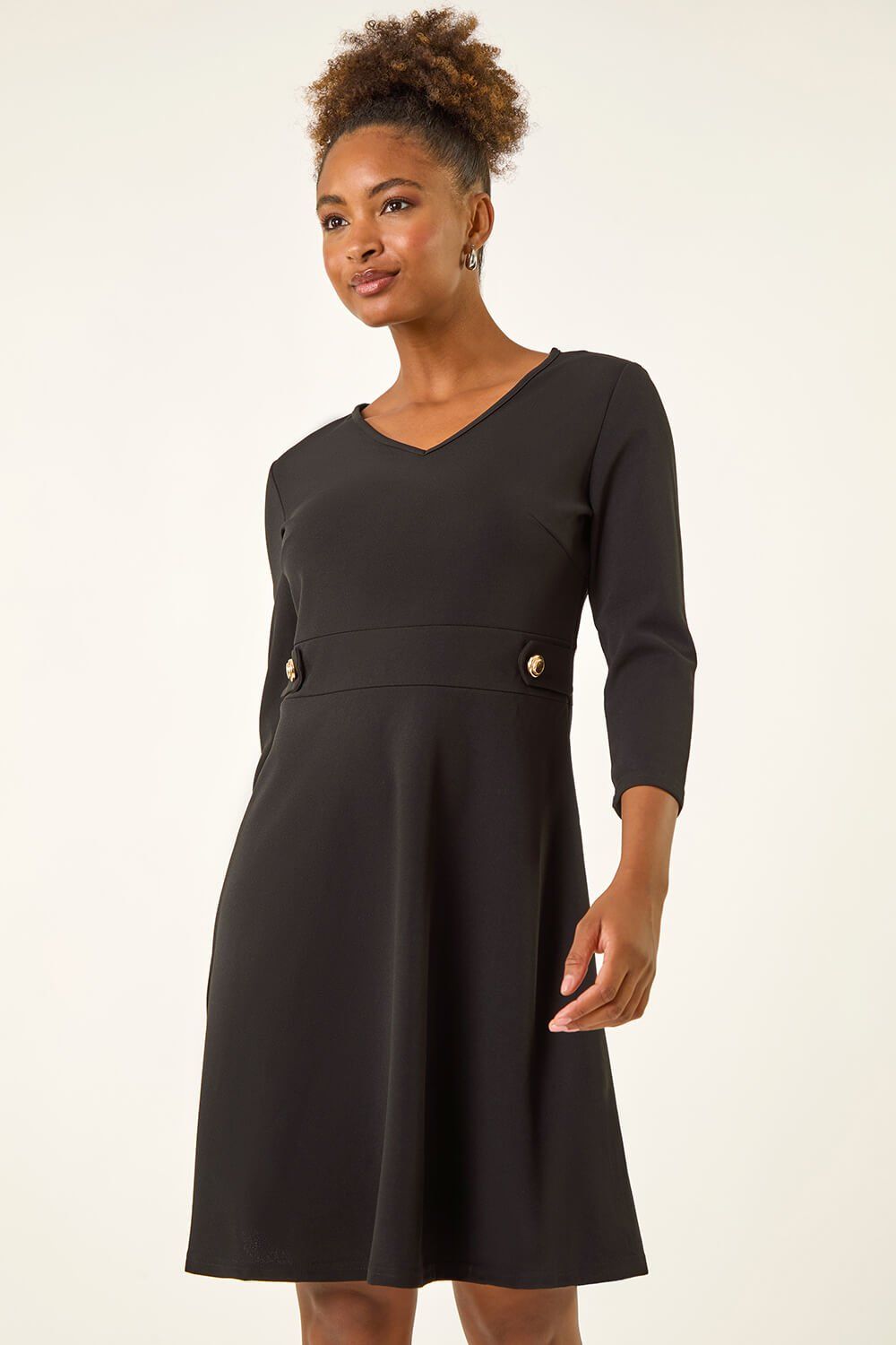 Roman V-Neck Buttoned Stretch Dress