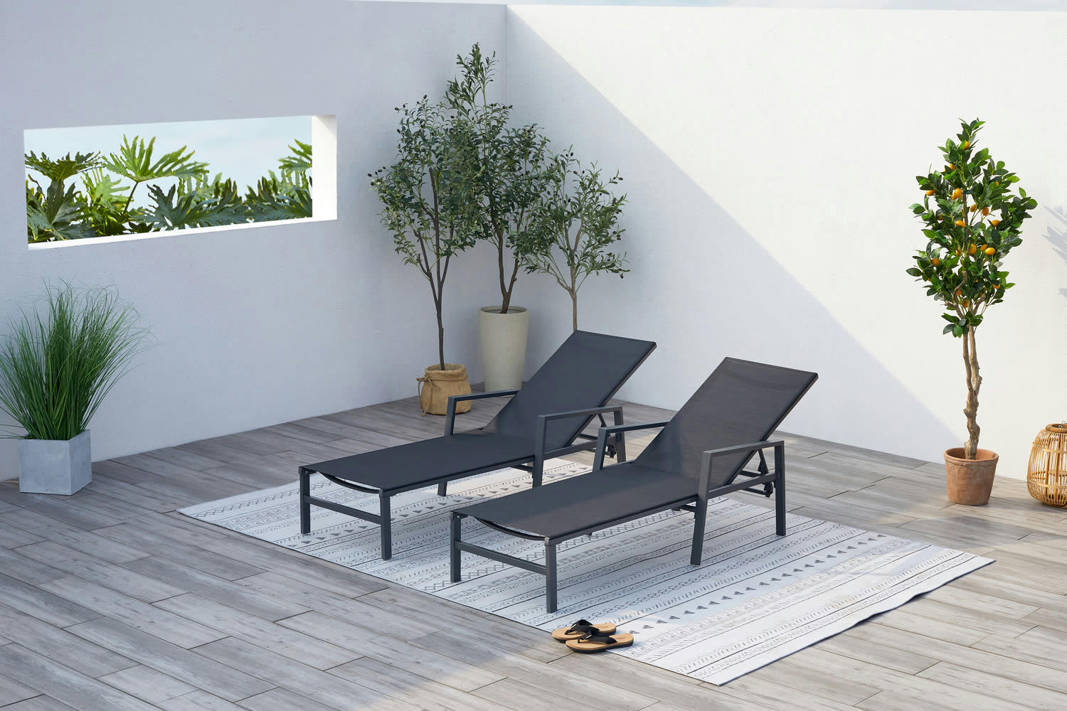 BARI - Lot de 2 transats en aluminium gris foncé et noir