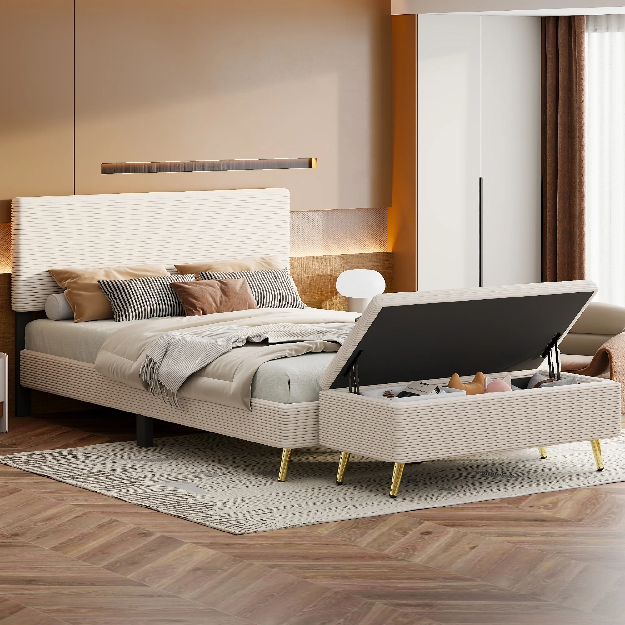 Modern 2-Piece Bedroom Set: Queen Platform Bed and Corduroy Storage Ottoman