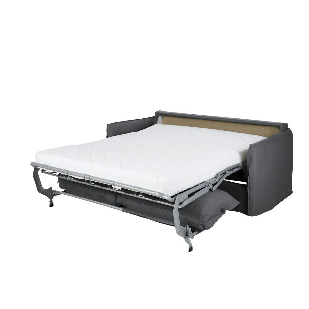 Barcelone - Canapé convertible 3 places en lin gris anthracite, matelas 14 cm