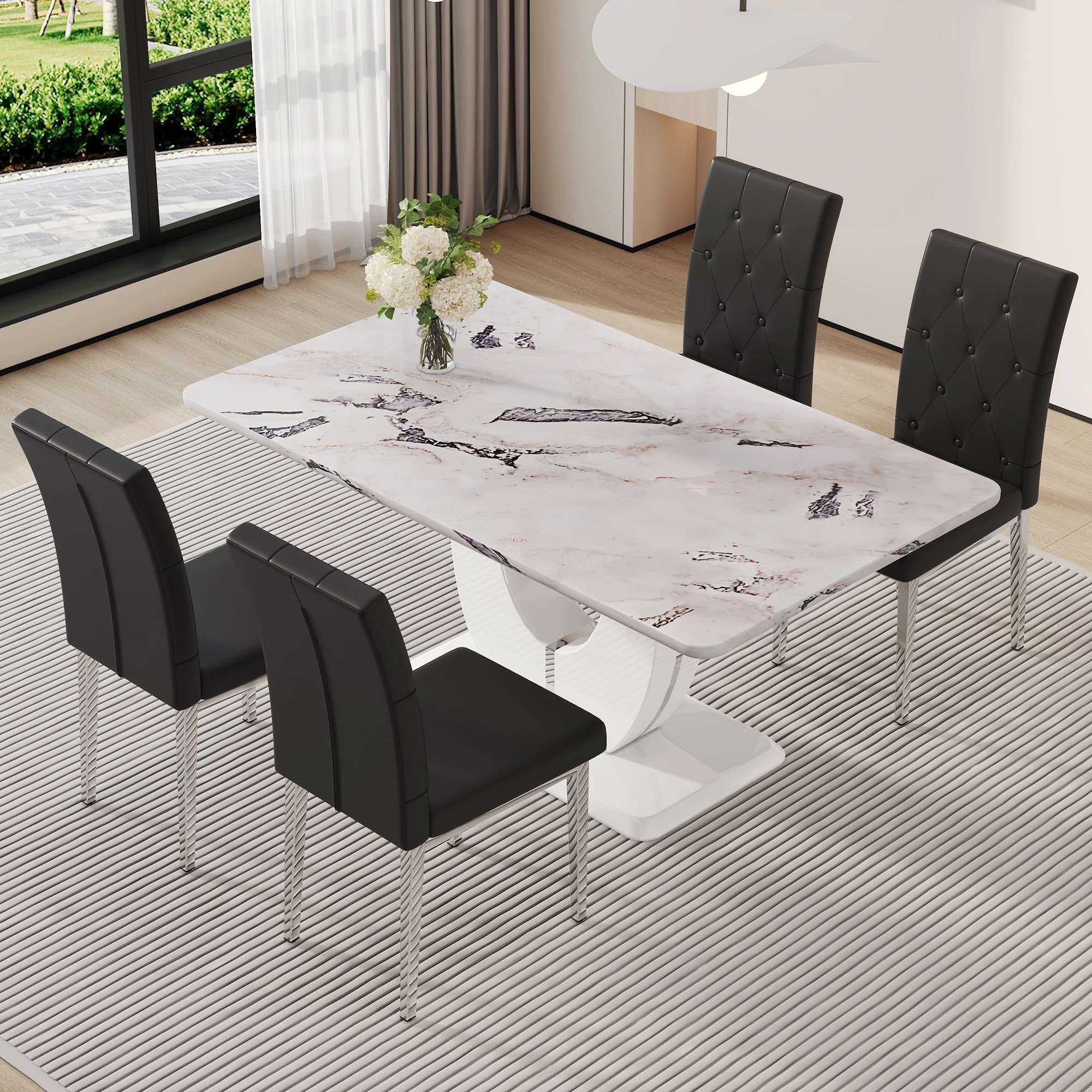 Modern Style 5-Piece Dining Set with Rectangular Table and 4 Buttons Tufted Upholstered Dining Chairs