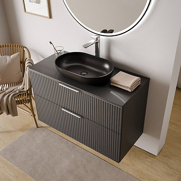 Meuble sous vasque suspendu MDF Anthracite mat strié 100x46x62cm, Plan lavabo Blanc mat   2 tiroirs poignée Chrome - TIM100