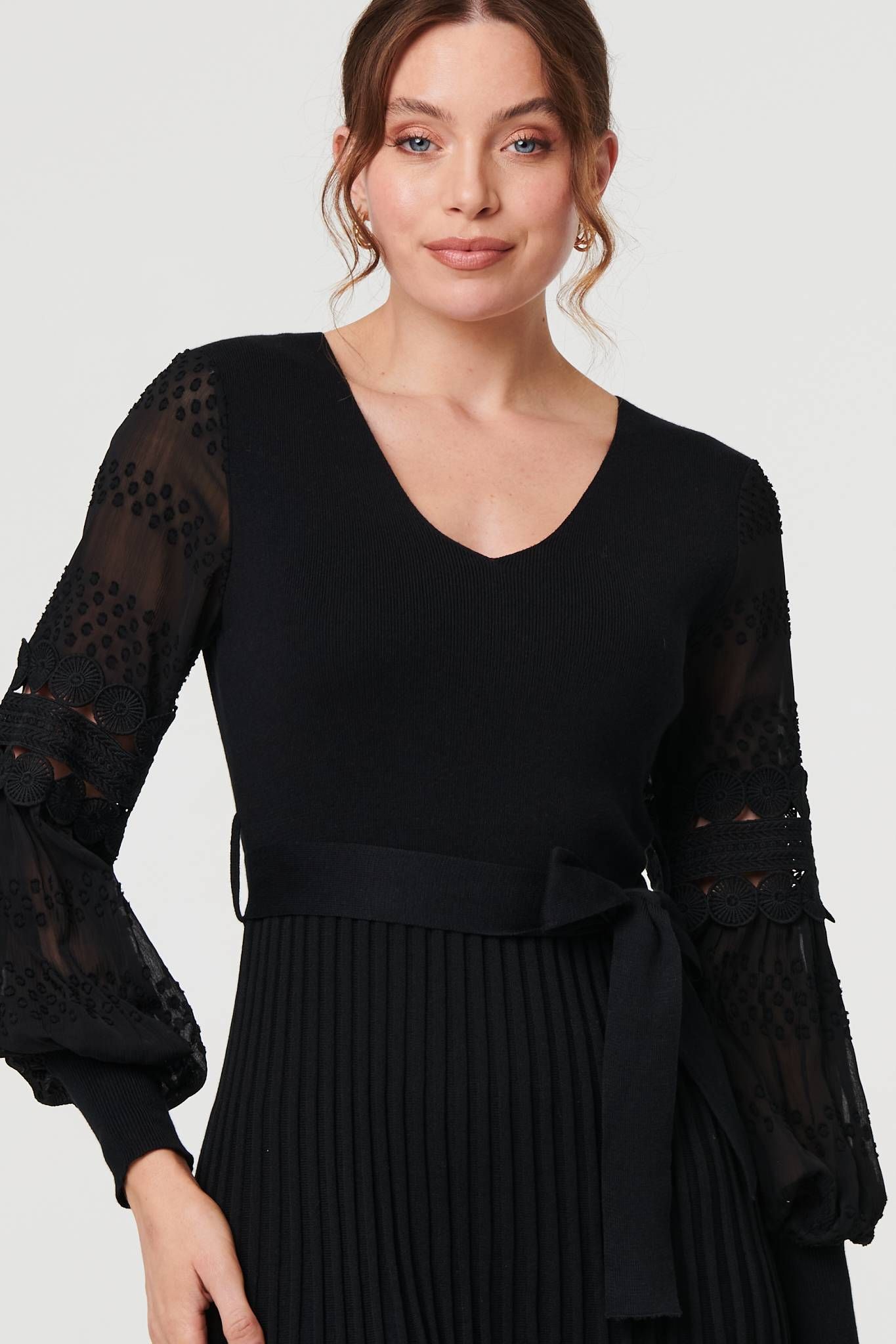 Izabel London Pleated Lace Puff Sleeve Midi Dress