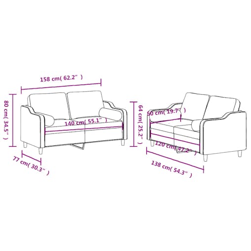 NNEVL 2 Piece Sofa Set with Pillows Black Fabric