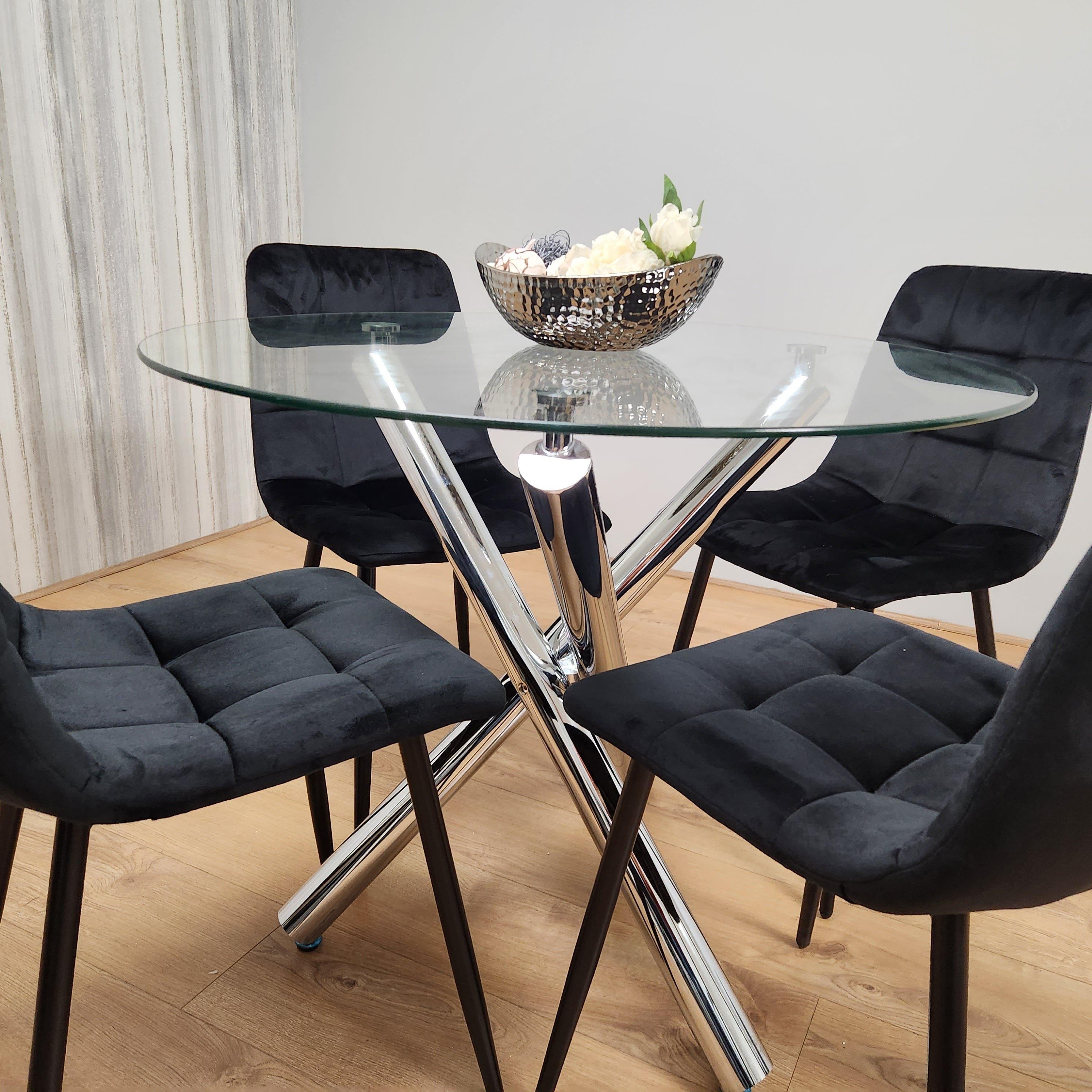KOSY KOALA Round Chrome Metal and Clear Glass Dining Table and 4 Black Tufted Velvet Chairs Kitchen Dining Set