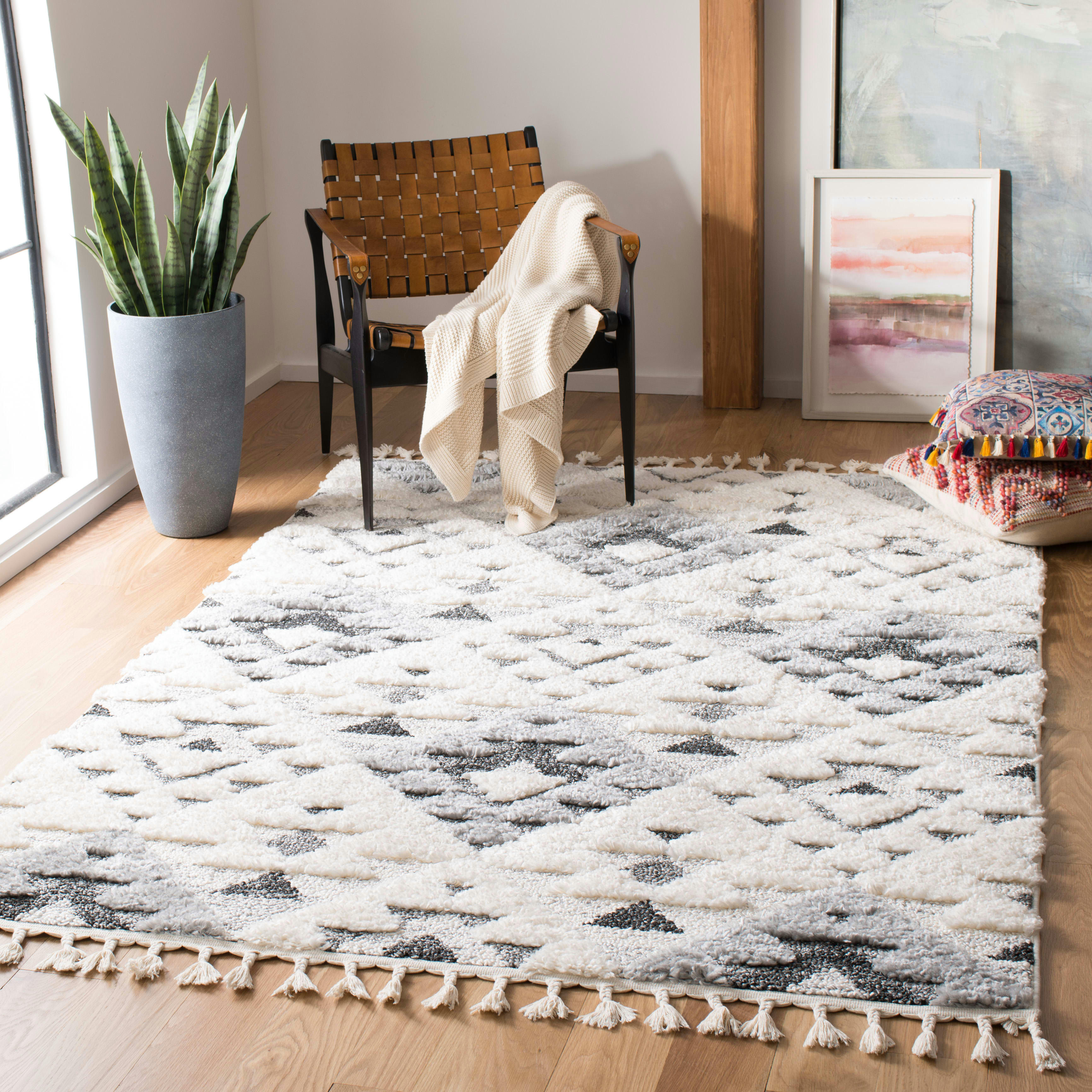 MOROCCAN TASSEL SHAG - Tapis de salon interieur en ivoire & gris, 91 x 152 cm
