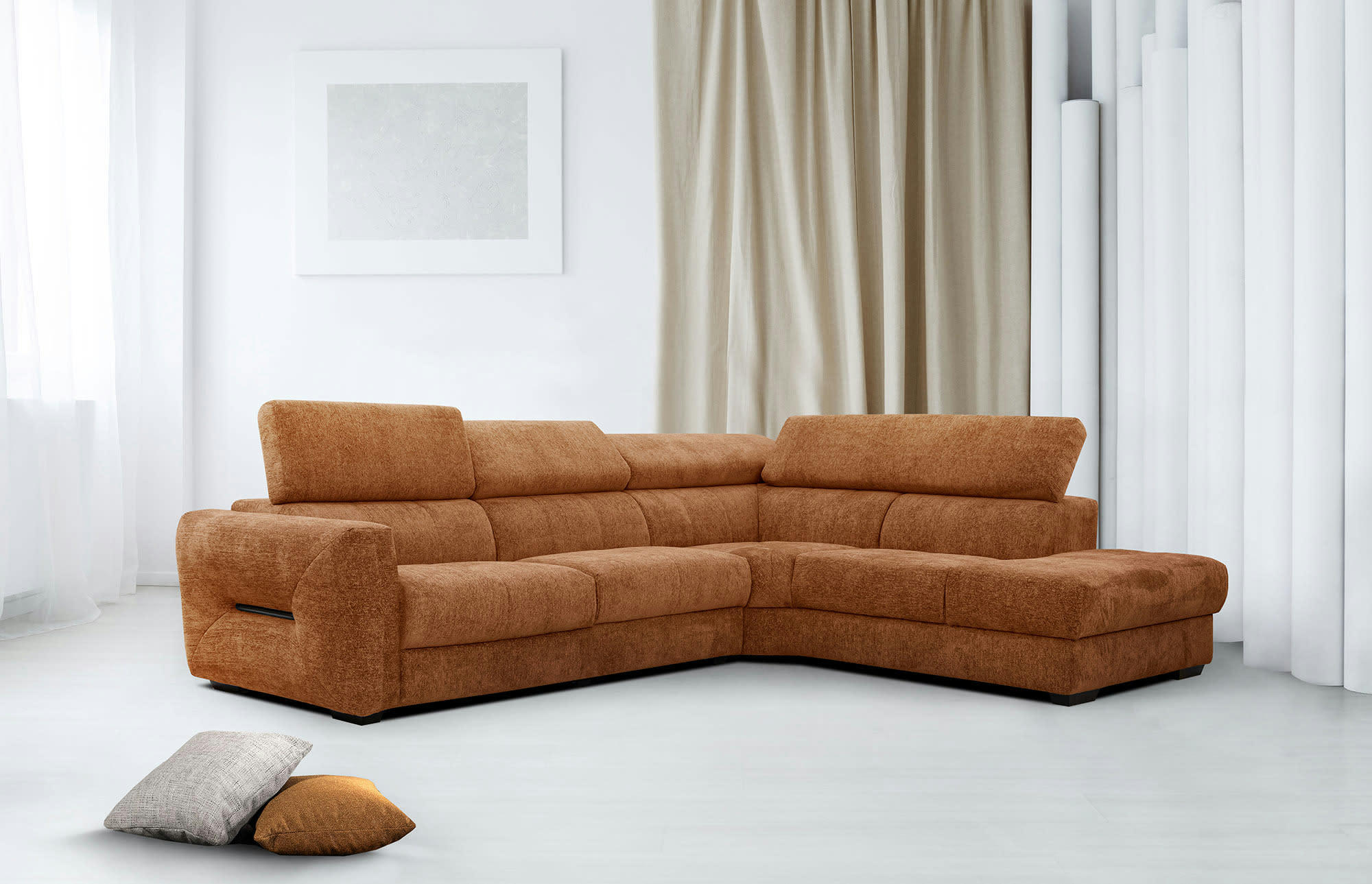 CALVERA - Canapé d'angle droit Calvera 5 places tissu brique