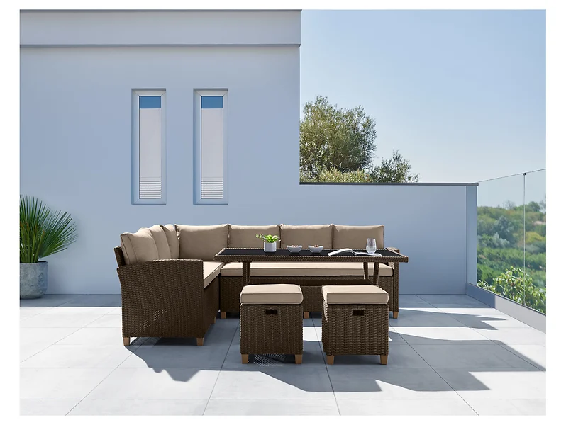 Zestaw mebli ogrodowych z technorattanu Malaga stół sofa prawa sofa lewa   2 siedziska z poduszkami