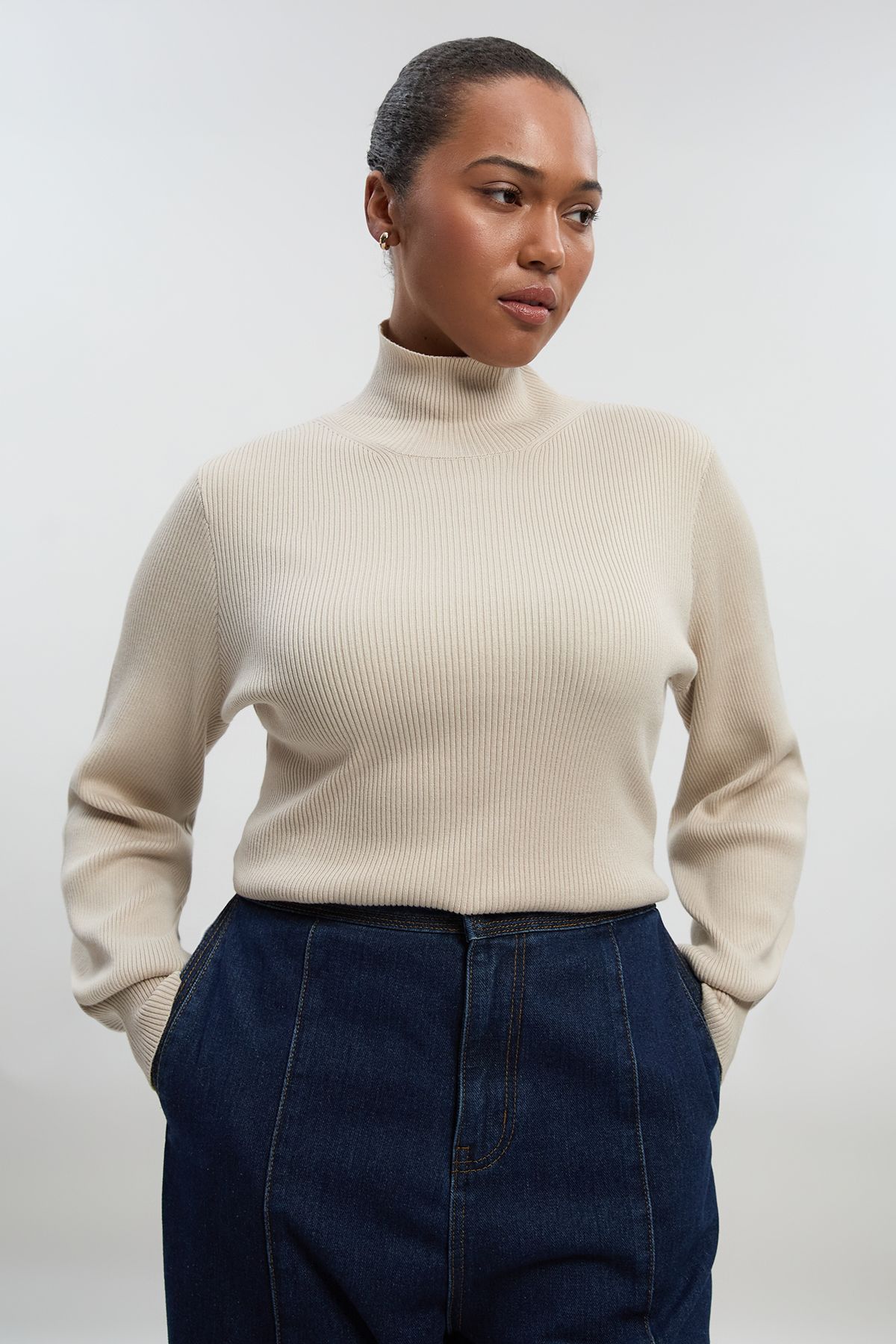KarenMillen Plus Size Viscose Blend Rib Knitted Funnel Jumper