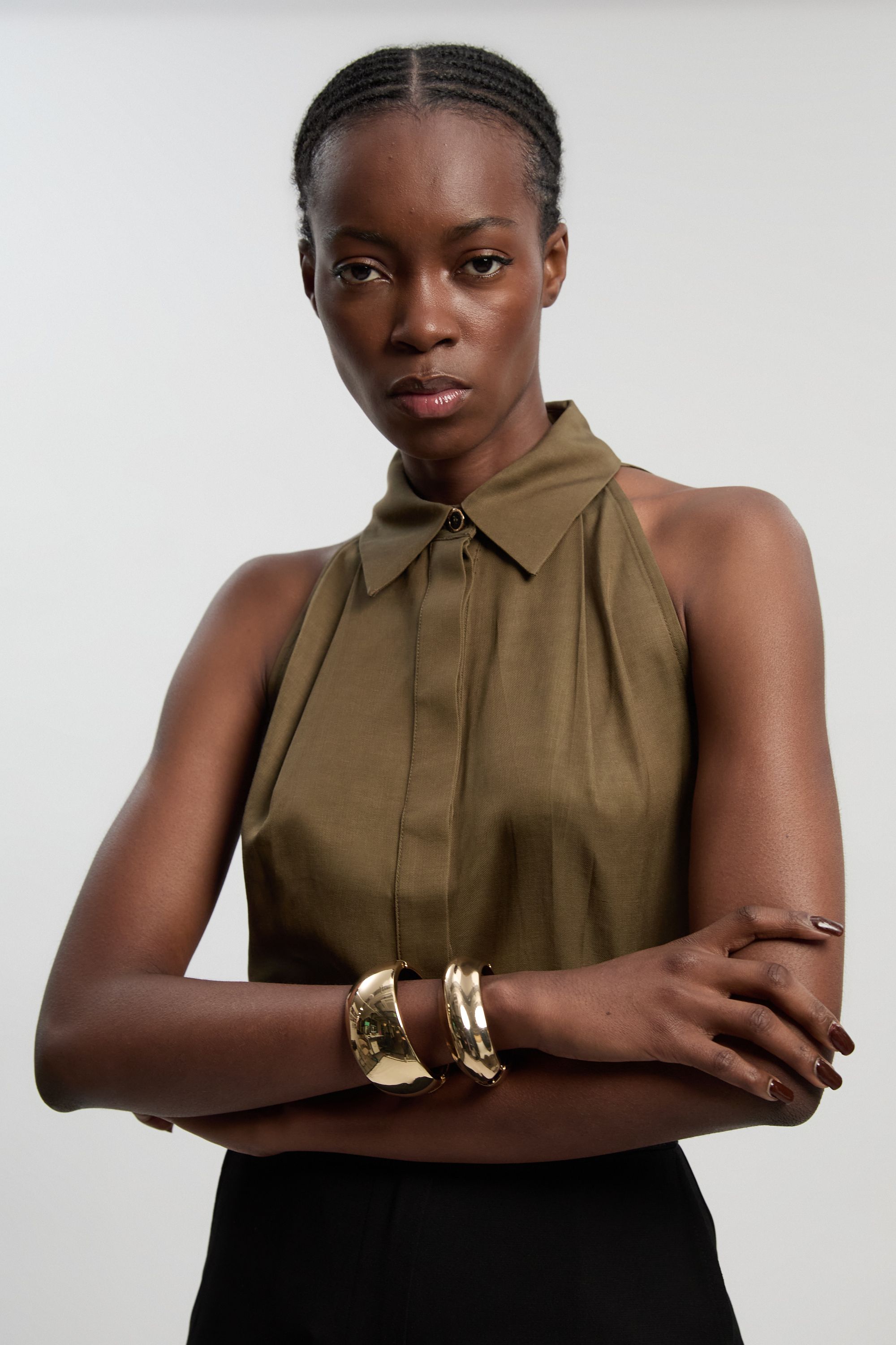 KarenMillen Premium Linen Viscose Halter Collared Woven Shirt