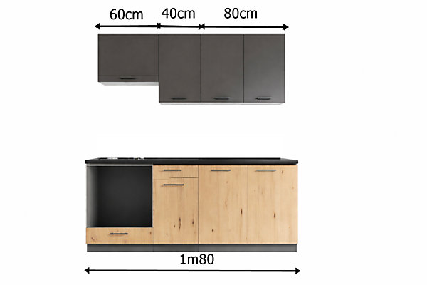 CUISINE COMPLETE CLARA gris et chêne 1m80 NON MONTEE SANS ELECTROMENAGER 6 meubles