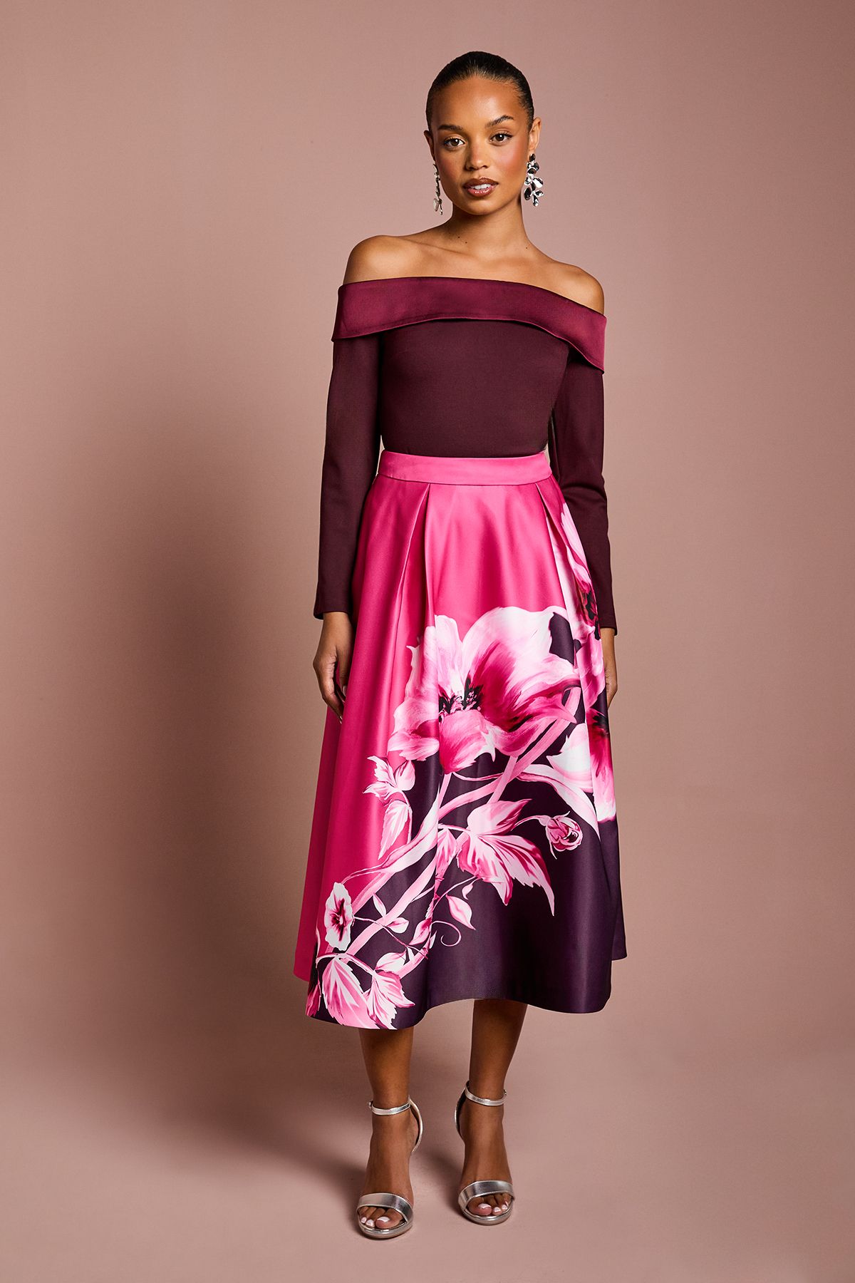 Coast Petite Satin Bardot Compact Crepe Long Sleeve Top