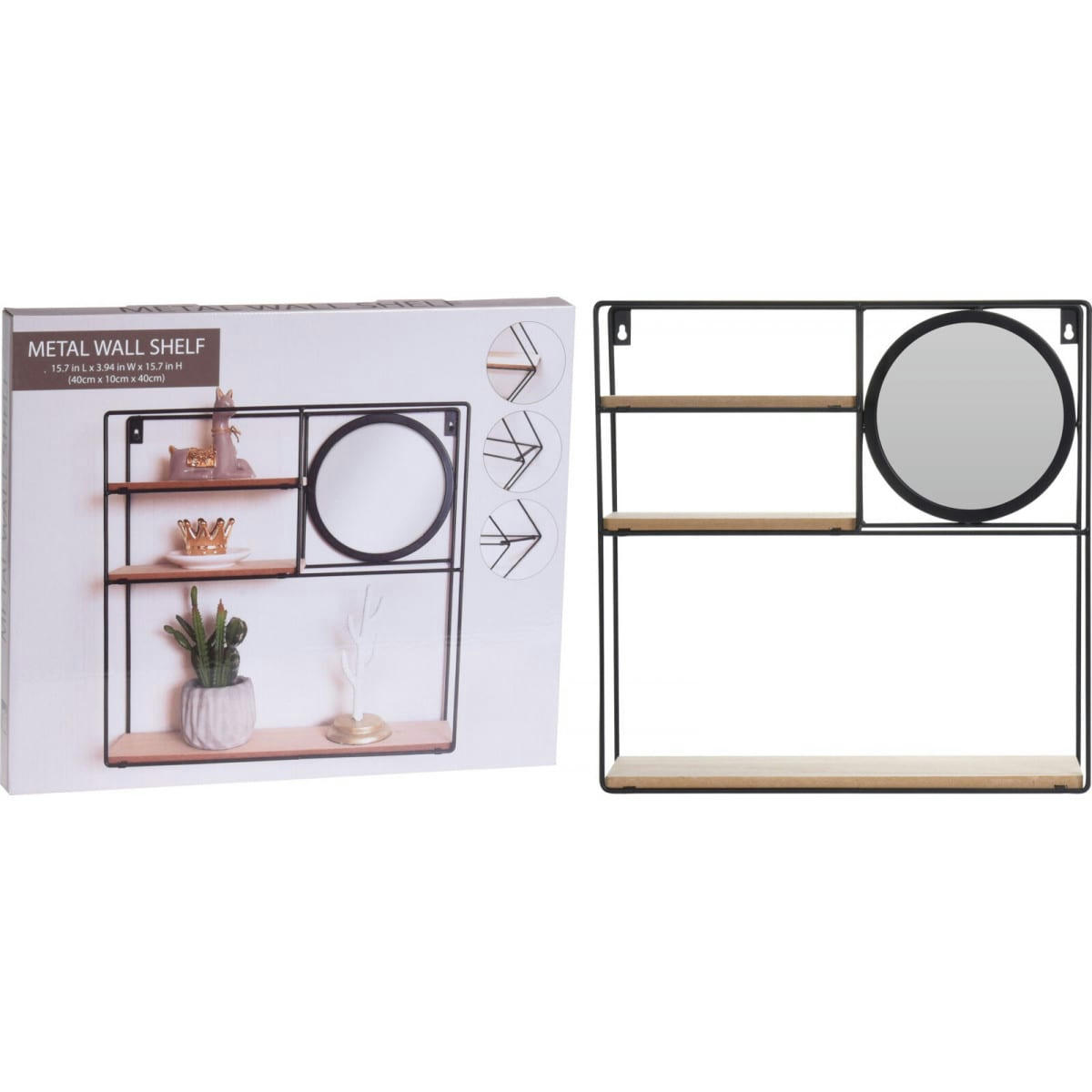 MIROIR - Étagère murale en métal noir et bois avec miroir 40x40x10cm