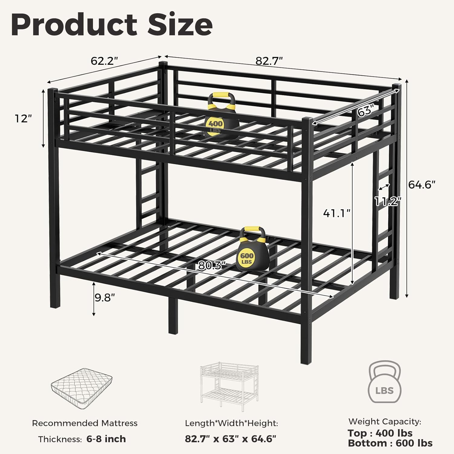 Queen Over Queen Bunk Bed Frame, Heavy Duty Metal Loft Bed for Adults/Teens, 400/600LB Capacity w/Ladder & Guardrail, Noise-Free Steel Slats, No Box Spring Required, Black
