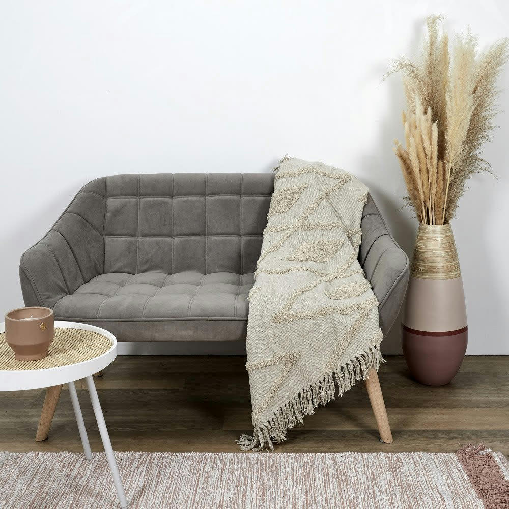 LOSANGES - Plaid ethnique relief losange écru coton 120x150cm