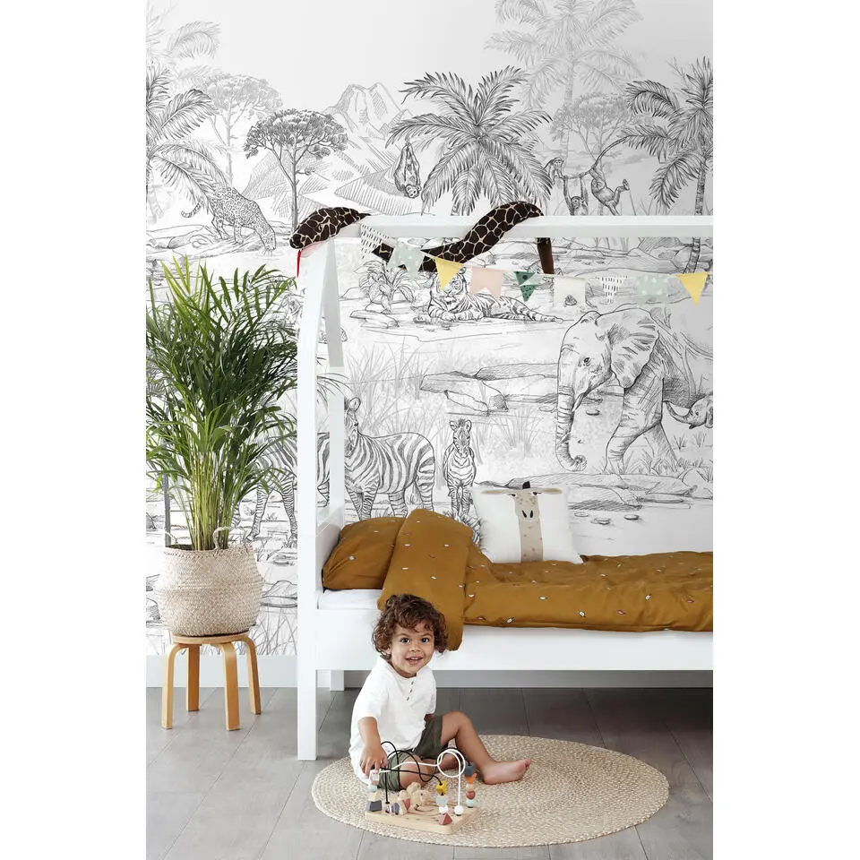 ESTAhome fotobehang jungle dieren zwart wit - 250 x 279 cm