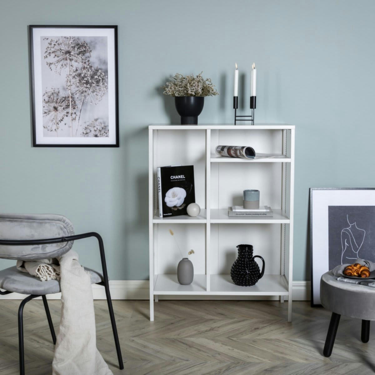 JINKA - Buffet bas industriel avec étagères en métal 110cm blanc