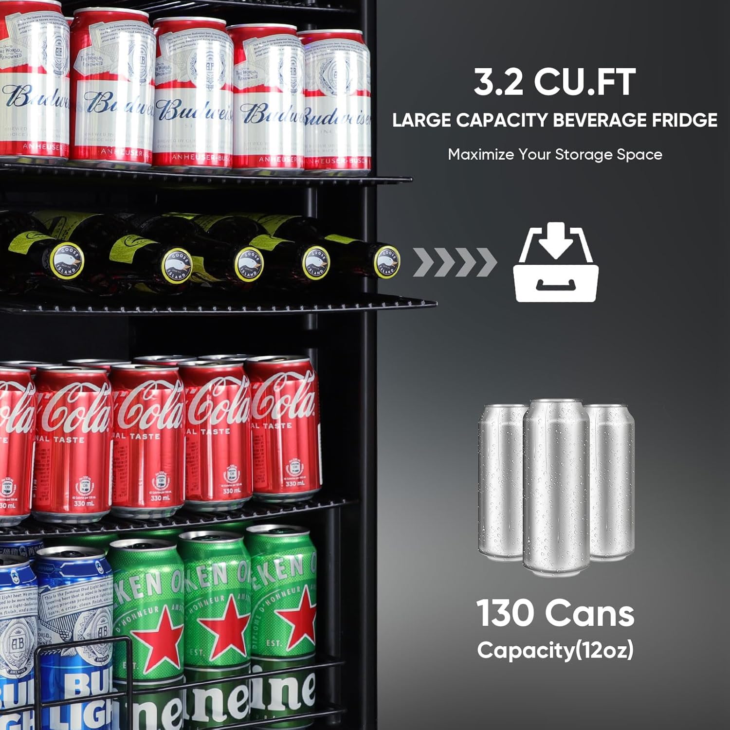 ORYMUSE 3.2 Cu.Ft Beverage Refrigerator, 130 Can Mini Fridge with Glass Door & Digital Temperature Control, Compressor Cooling Freestanding Cooler for Soda, Beer, Wine, Home, Office & Bar - Silver