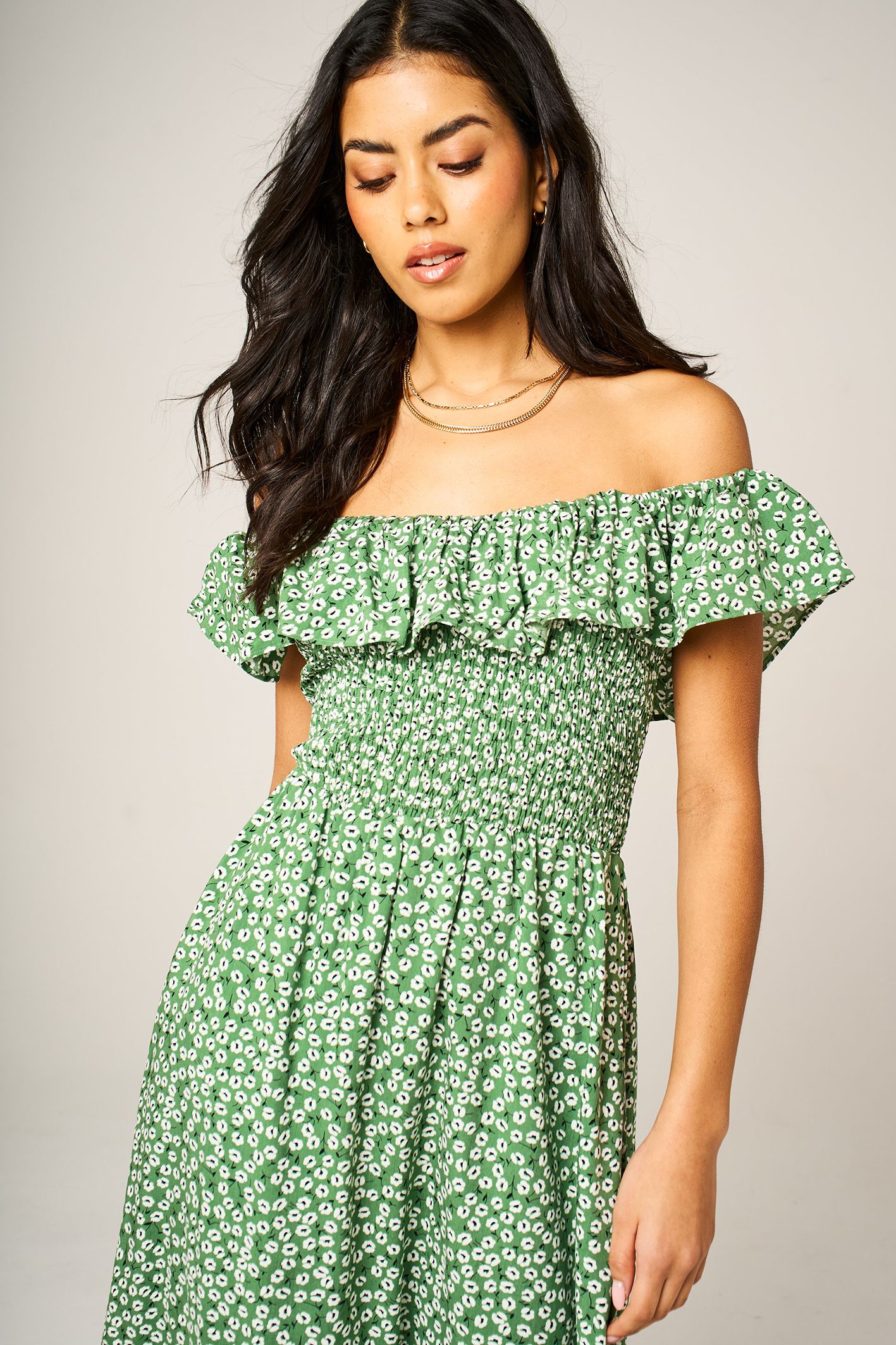 FS Collection Green Floral Bardot Shirred Frill Midi Dress