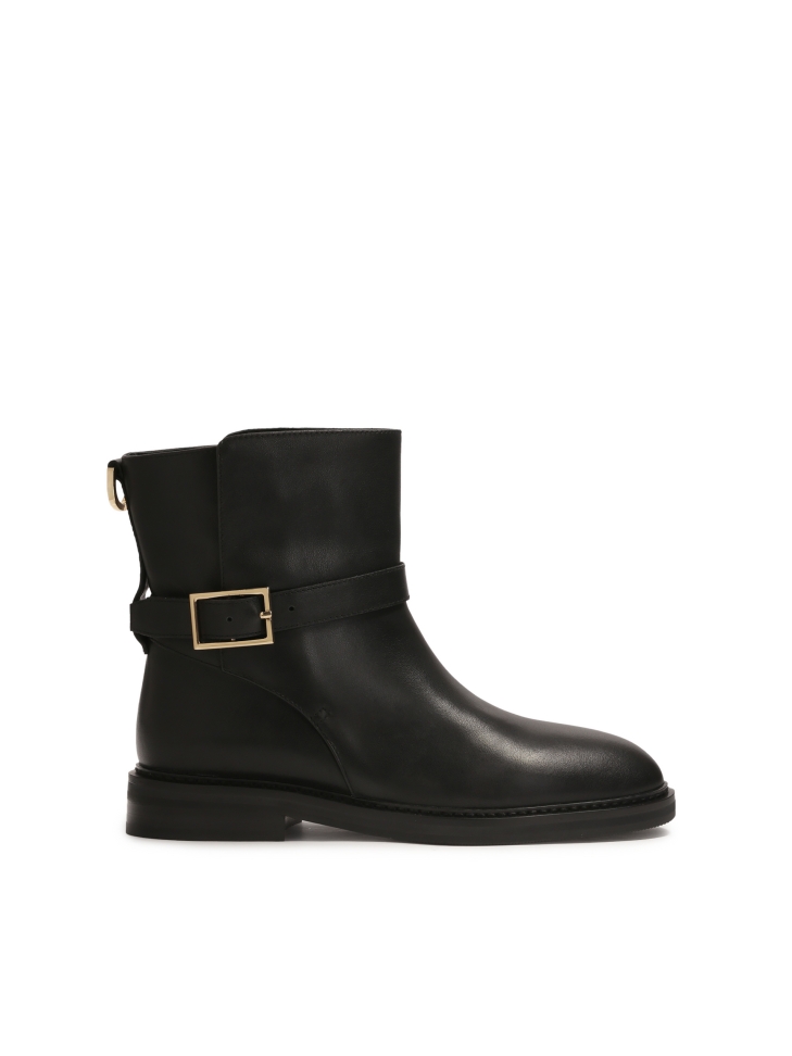 Black slip-on natural leather boots with decorative buckle