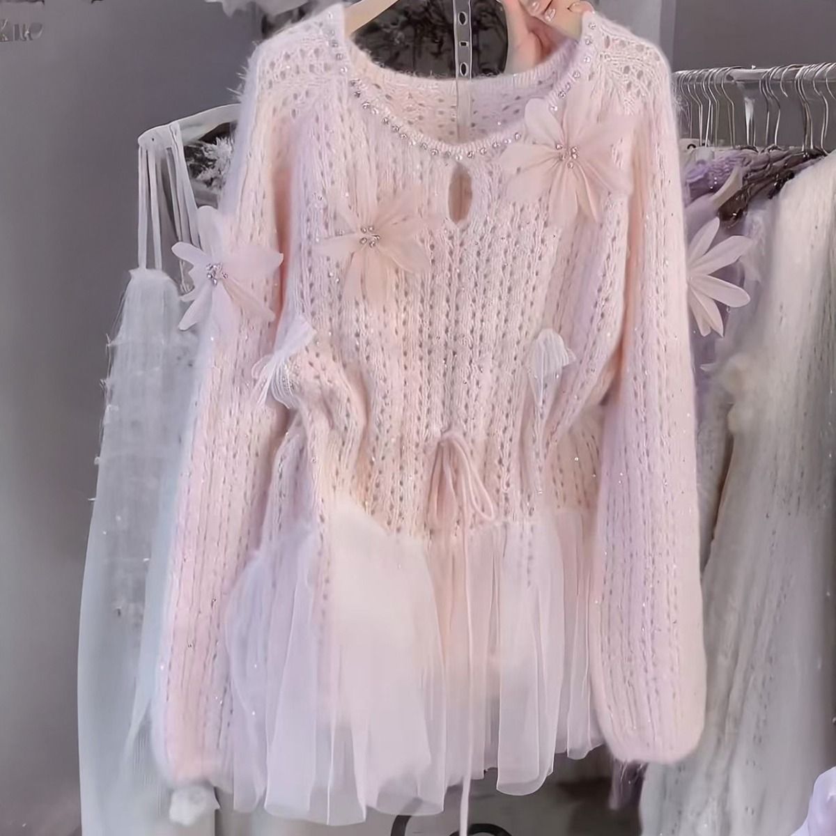 PEACH ACCESSORIES Soft Ruffle Knit Sweater with Drawstring Waist