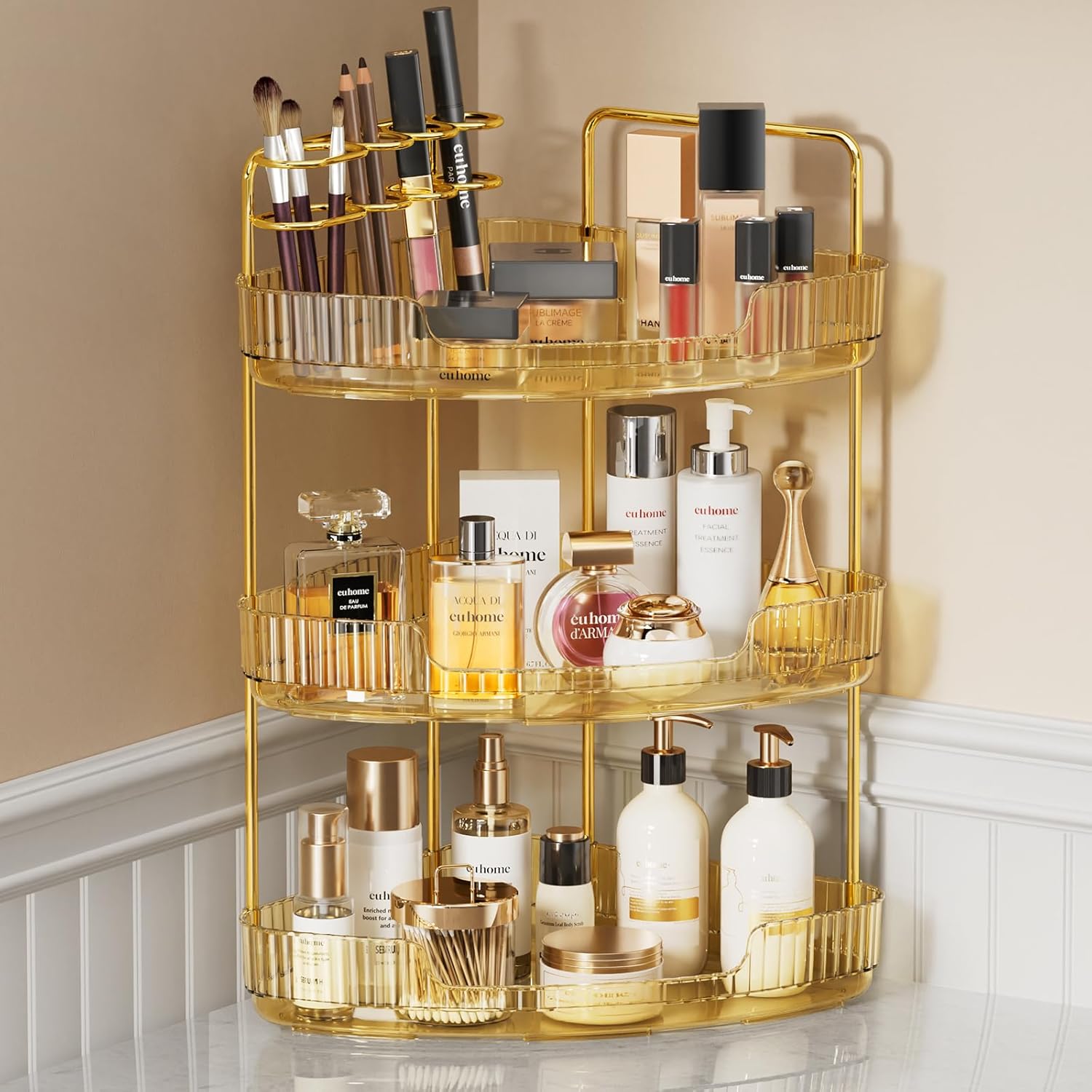 EUHOME 3-Tier Corner Bathroom Counter Organizer Makeup Cosmetic Storage, Tool-Free Installation Acrylic Vanity Shelf, Countertop Storage Organizers Perfume Tray for Bathroom, Dresser, Kitchen (Gold)