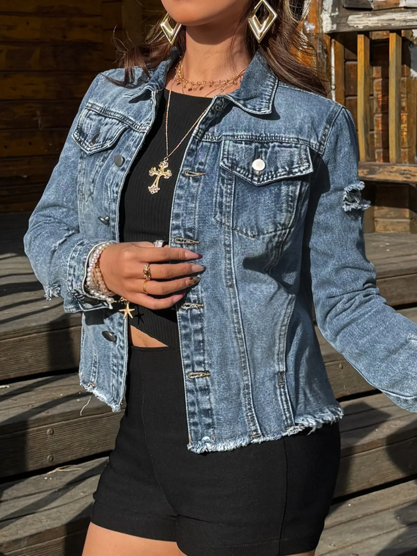 【Plus Size】 Solid Ripped Button Front Collared Denim Jacket, Casual Long Sleeve Pocket Outerwear for Summer, Women's Clothes for Daily Wear