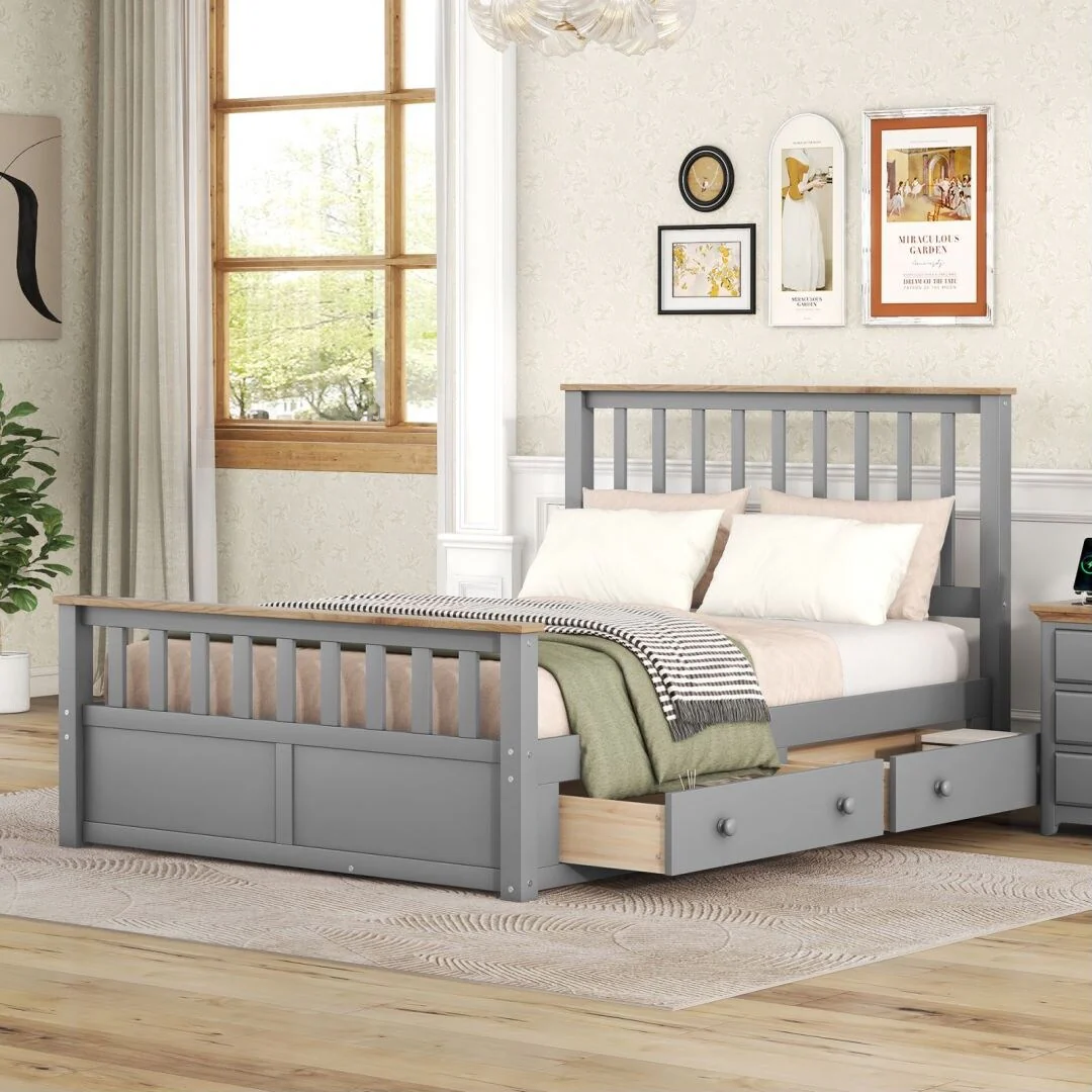 Set of 3 Wood Full Bed 2 Drawer a Nightstand with USB a Chest Grey