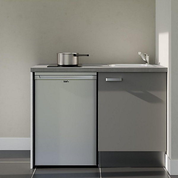 Kitchenette K08 façades Gris - Plan de travail Gris béton - Crédences : Non - Evier inox - Electroménager Inox inclus