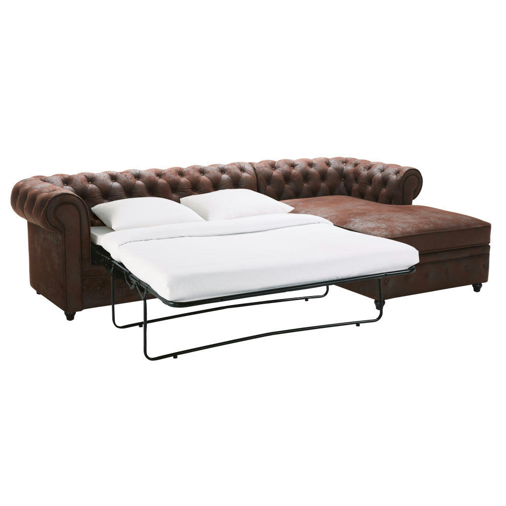 Chesterfield - Canapé d'angle droit convertible 5 places en suédine marron