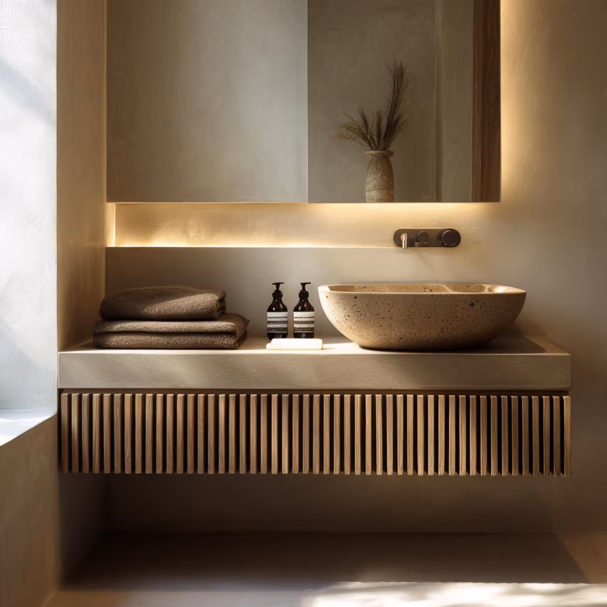 Fluted Oak Floating Vanity: Modern Spa Bathroom Cabinet, Custom Size