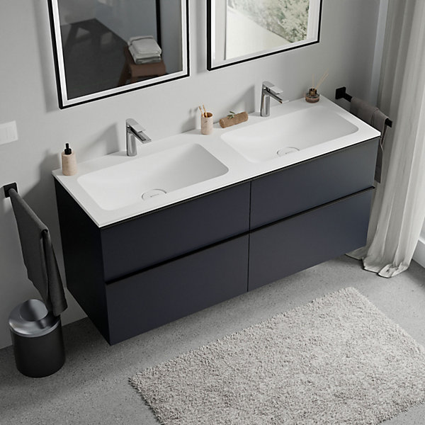 Meuble vasque suspendu MDF Bleu nuit mat, lavabo fonte Blanc mat   trou robinet, poignée Chrome - 120x46x62cm - LAVOA