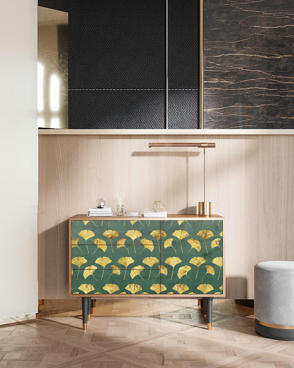 GINGKO LEAVES - Buffet  vert et jaune 3 tiroirs et 1 porte L 115 cm