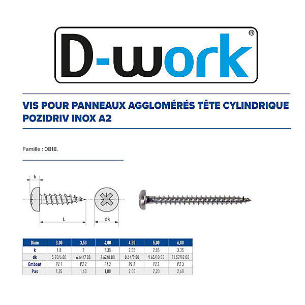 100 Vis Bois Tête Cylindrique Pozidriv 5 x 30 mm - Inox A2 - D-Work