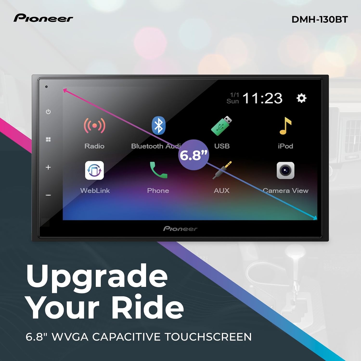 Pioneer DMH-130BT 6.8 Resistive Touchscreen  Double Din – Bluetooth  Backup Camera  USB  FLAC  AM/FM Radio  Short Chassis  50W x 4 Output  Steering Wheel Input