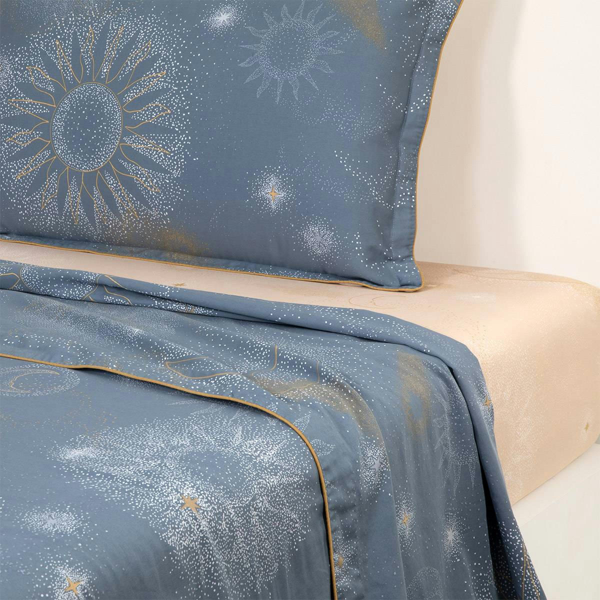 ASTRES - Drap plat en satin de coton lavé bleu 180 x 290 cm