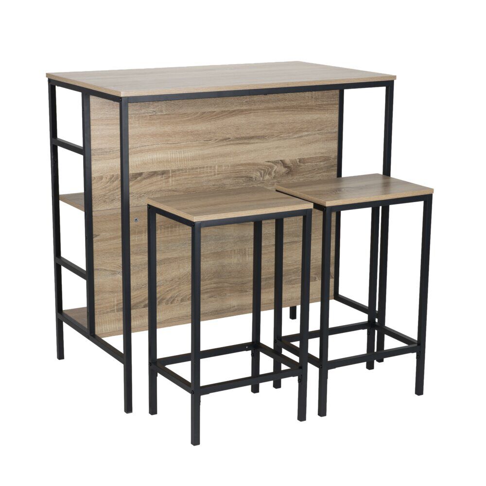 Table haute avec 2 tabourets Luffi métal bois noir et marron 100x60xH100cm