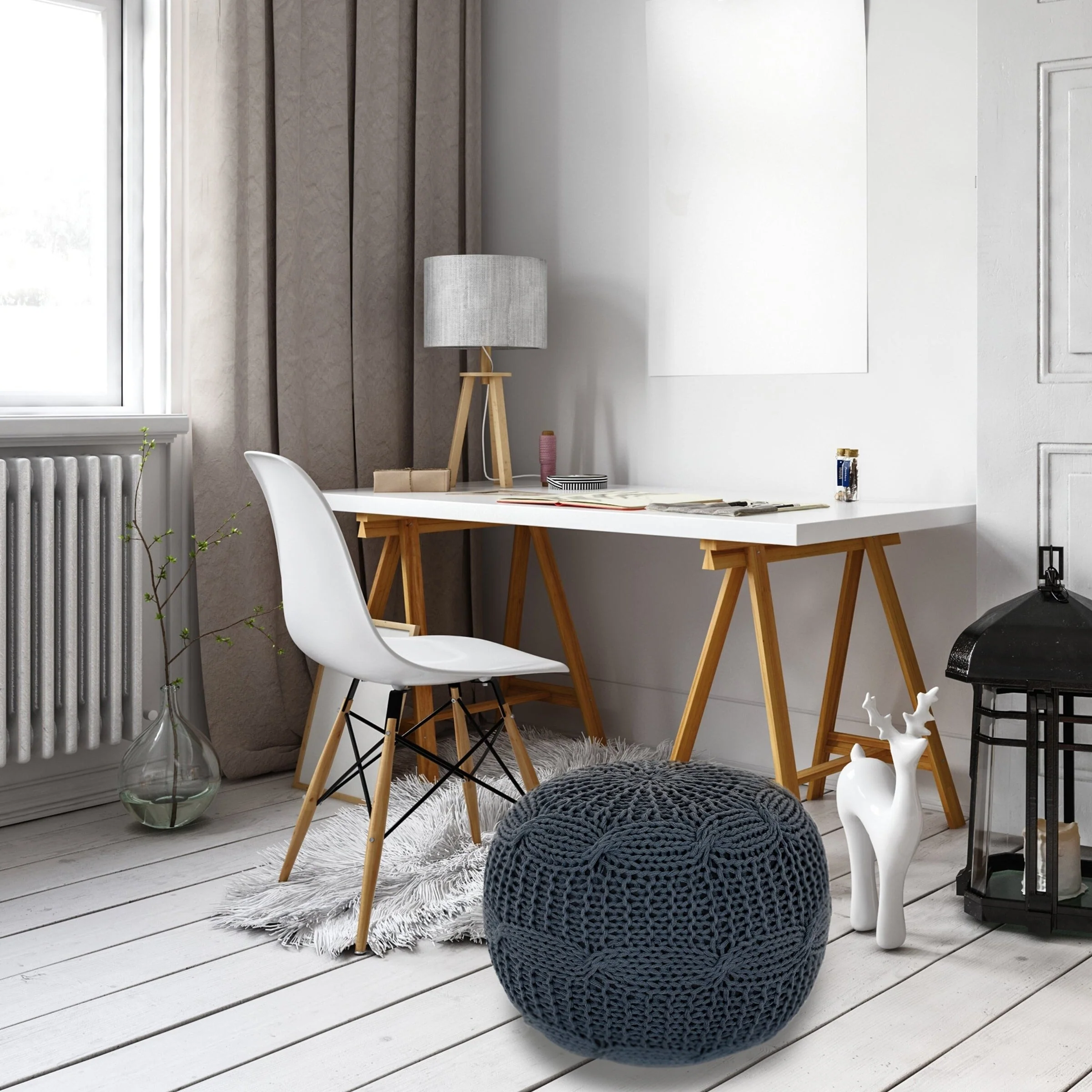 Lincove Hand Knitted Pouf – 100% Cotton Braid Cord Floor Stuffed Ottoman