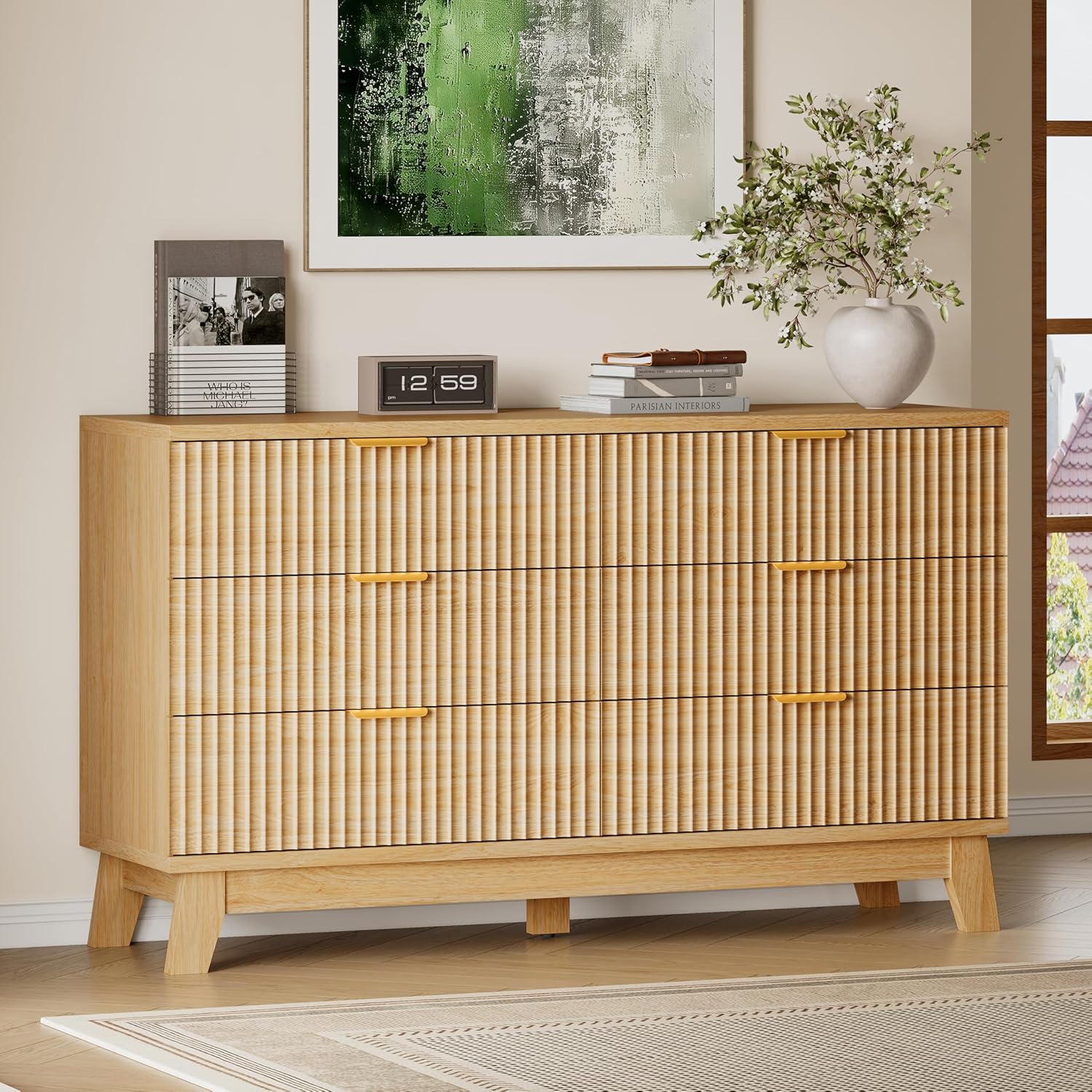 53 Long Dresser for Bedroom, 6-Drawer Dresser with Fluted Fronts, Wide Wood Chest of Drawers, Smooth Metal Slides, Stable Base, Modern Clothes Storage Cabinet for Living Room, Hallway